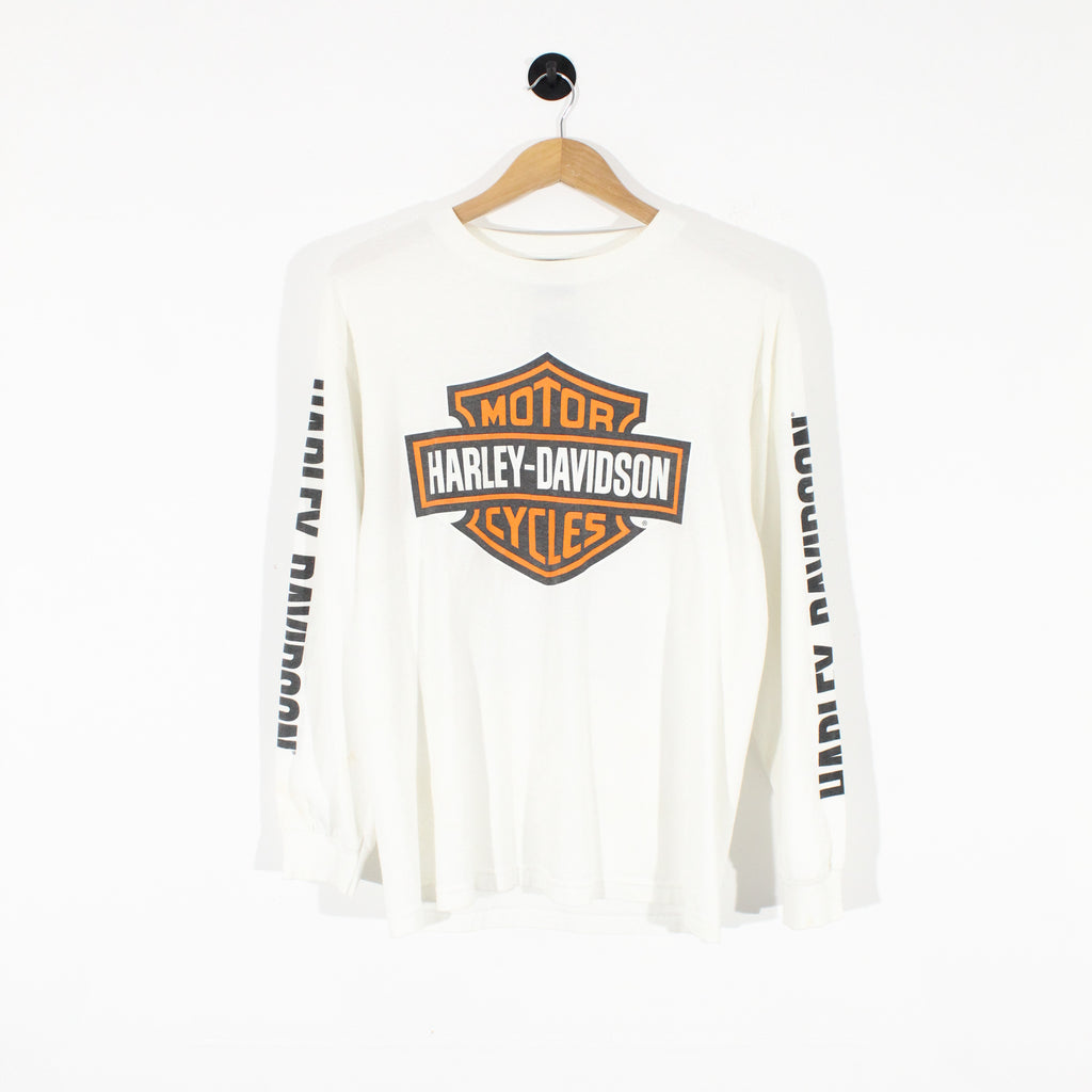 ◆Harley Davidson◆ Iconic Logo Long Sleeve T-Shirt White HH Harley-Davidson® Men's Long Sleeve Orange Bar & Shield White