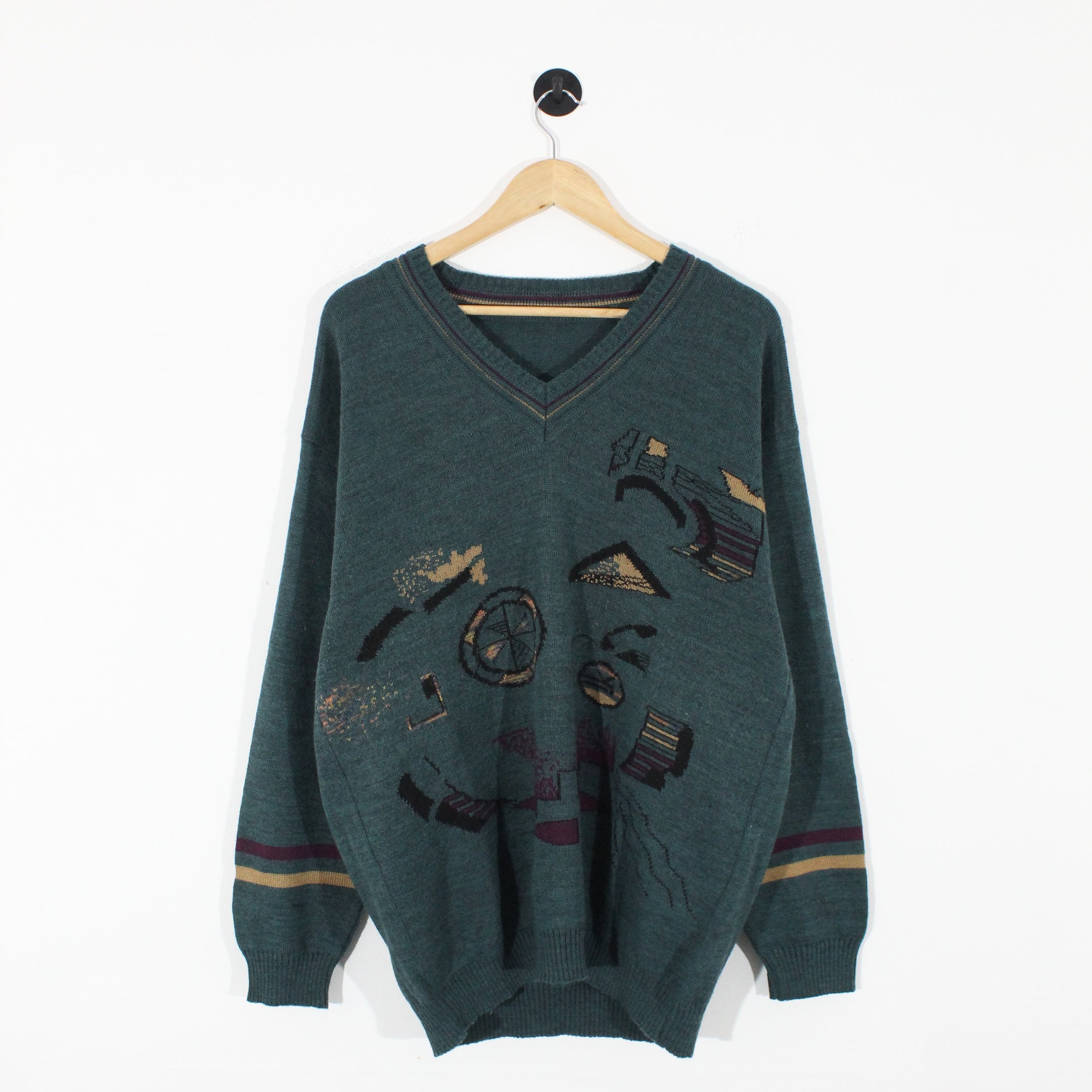 Vintage V-Neck Abstract Jumper (XL)